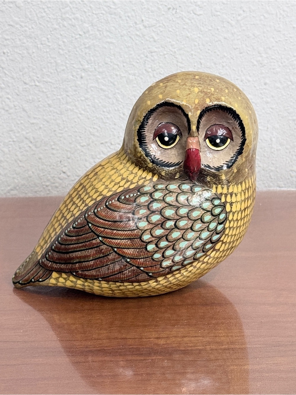 Vintage 1979 Hand-Painted Paper Mache Owl Figurine 5.5-inch Signed J. Ines Arana